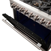 Forno Capriasca 36" Freestanding Dual Fuel Range in Stainless Steel with Black Door, 6 Brass Burners, True Convection, Cast-Iron Grates, FFSGS6187-36BLK