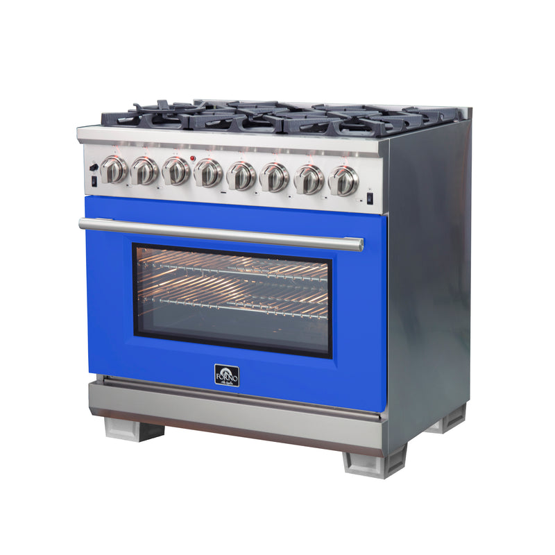 Forno Capriasca 36" Freestanding Dual Fuel Range in Stainless Steel with Blue Door, 6 Brass Burners, True Convection, Cast-Iron Grates, FFSGS6187-36BLU