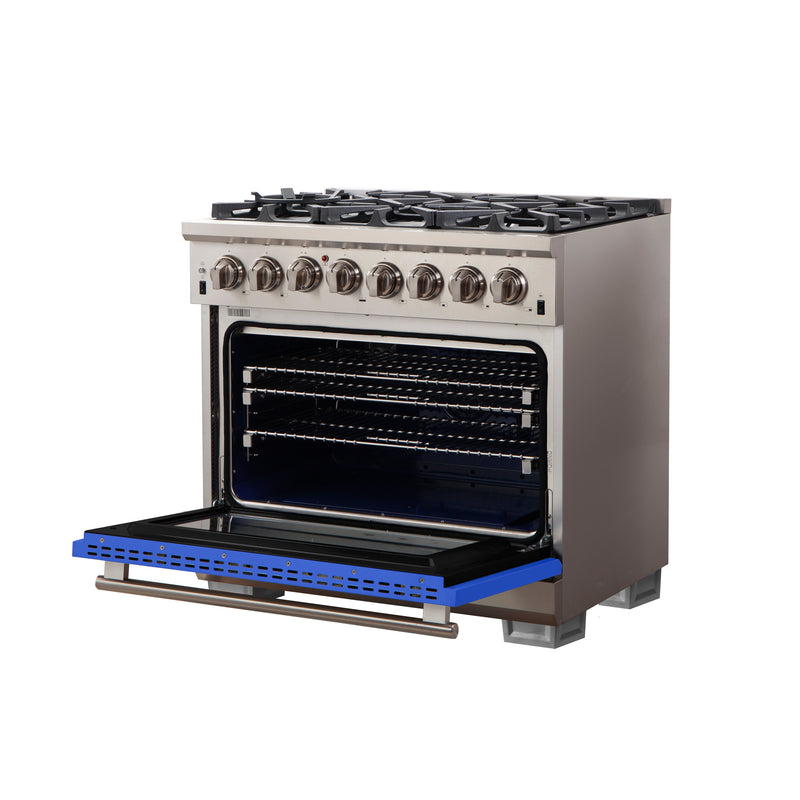 Forno Capriasca 36" Freestanding Dual Fuel Range in Stainless Steel with Blue Door, 6 Brass Burners, True Convection, Cast-Iron Grates, FFSGS6187-36BLU