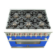 Forno Capriasca 36" Freestanding Dual Fuel Range in Stainless Steel with Blue Door, 6 Brass Burners, True Convection, Cast-Iron Grates, FFSGS6187-36BLU