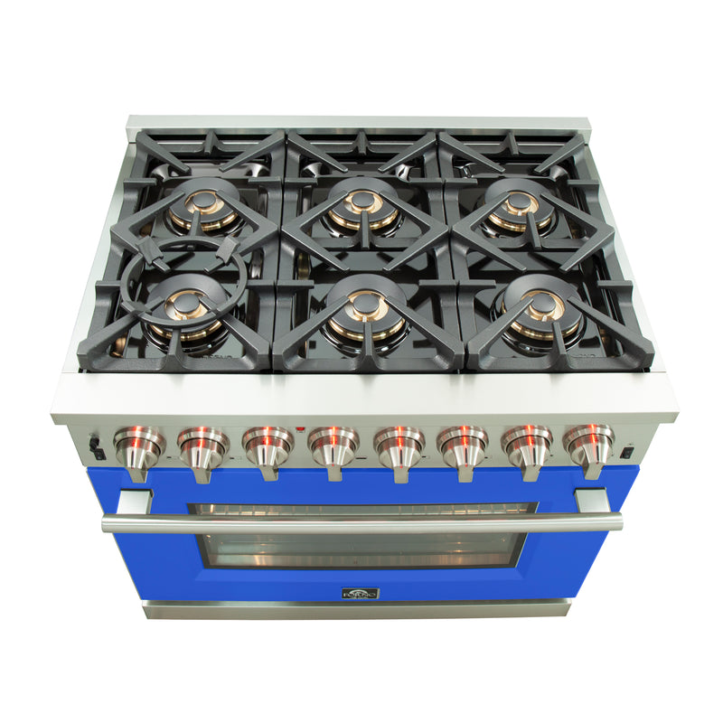 Forno Capriasca 36" Freestanding Dual Fuel Range in Stainless Steel with Blue Door, 6 Brass Burners, True Convection, Cast-Iron Grates, FFSGS6187-36BLU