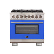 Forno Capriasca 36" Freestanding Dual Fuel Range in Stainless Steel with Blue Door, 6 Brass Burners, True Convection, Cast-Iron Grates, FFSGS6187-36BLU