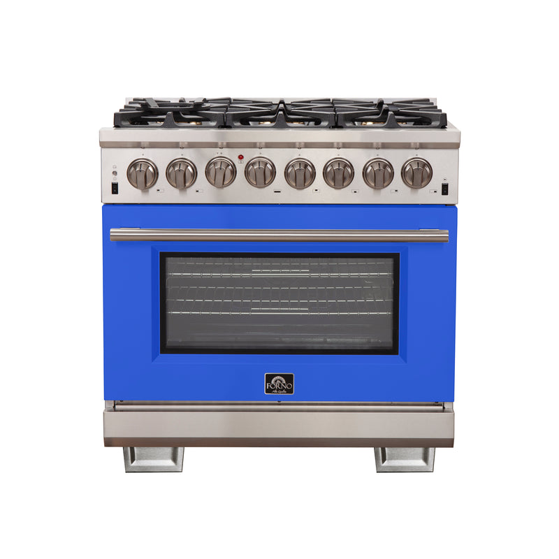 Forno Capriasca 36" Freestanding Dual Fuel Range in Stainless Steel with Blue Door, 6 Brass Burners, True Convection, Cast-Iron Grates, FFSGS6187-36BLU