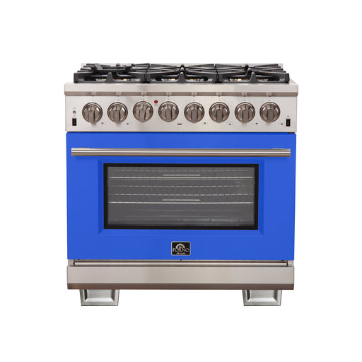 Forno Capriasca 36" Freestanding Dual Fuel Range in Stainless Steel with Blue Door, 6 Brass Burners, True Convection, Cast-Iron Grates, FFSGS6187-36BLU