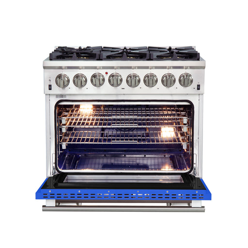 Forno Capriasca 36" Freestanding Dual Fuel Range in Stainless Steel with Blue Door, 6 Brass Burners, True Convection, Cast-Iron Grates, FFSGS6187-36BLU