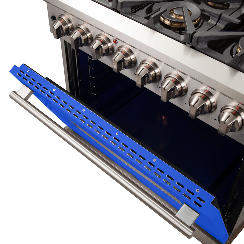 Forno Capriasca 36" Freestanding Dual Fuel Range in Stainless Steel with Blue Door, 6 Brass Burners, True Convection, Cast-Iron Grates, FFSGS6187-36BLU