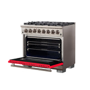 Forno Capriasca 36" Freestanding Dual Fuel Range in Stainless Steel with Red Door, 6 Brass Burners, True Convection, Cast-Iron Grates, FFSGS6187-36RED