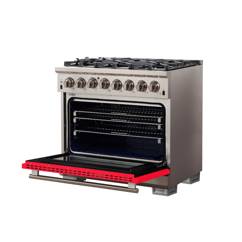 Forno Capriasca 36" Freestanding Dual Fuel Range in Stainless Steel with Red Door, 6 Brass Burners, True Convection, Cast-Iron Grates, FFSGS6187-36RED