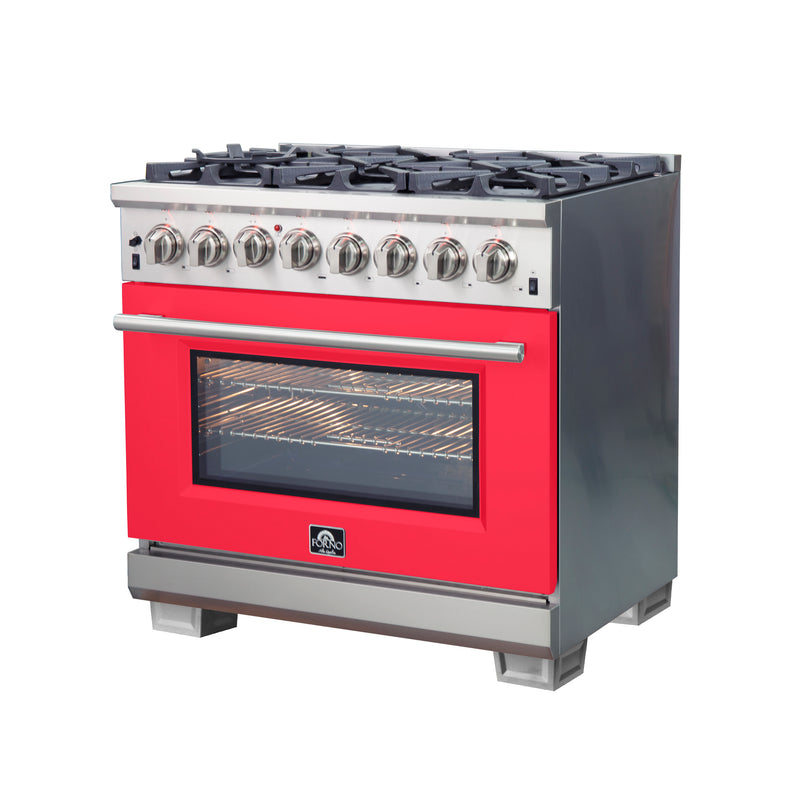 Forno Capriasca 36" Freestanding Dual Fuel Range in Stainless Steel with Red Door, 6 Brass Burners, True Convection, Cast-Iron Grates, FFSGS6187-36RED