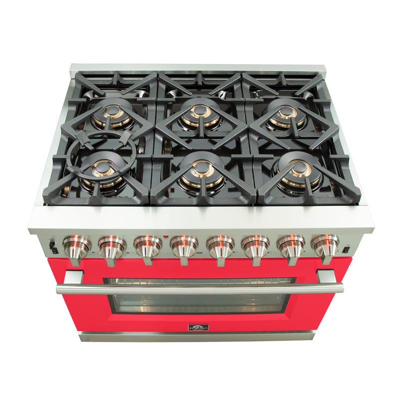 Forno Capriasca 36" Freestanding Dual Fuel Range in Stainless Steel with Red Door, 6 Brass Burners, True Convection, Cast-Iron Grates, FFSGS6187-36RED