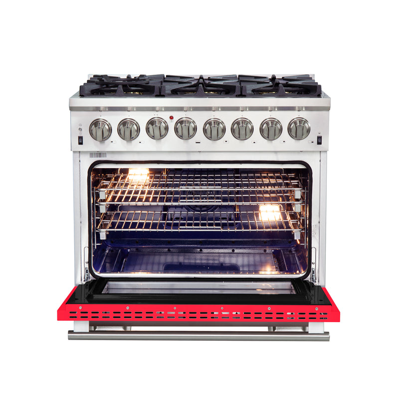 Forno Capriasca 36" Freestanding Dual Fuel Range in Stainless Steel with Red Door, 6 Brass Burners, True Convection, Cast-Iron Grates, FFSGS6187-36RED