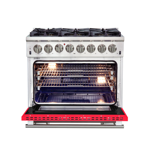 Forno Capriasca 36" Freestanding Dual Fuel Range in Stainless Steel with Red Door, 6 Brass Burners, True Convection, Cast-Iron Grates, FFSGS6187-36RED