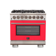 Forno Capriasca 36" Freestanding Dual Fuel Range in Stainless Steel with Red Door, 6 Brass Burners, True Convection, Cast-Iron Grates, FFSGS6187-36RED