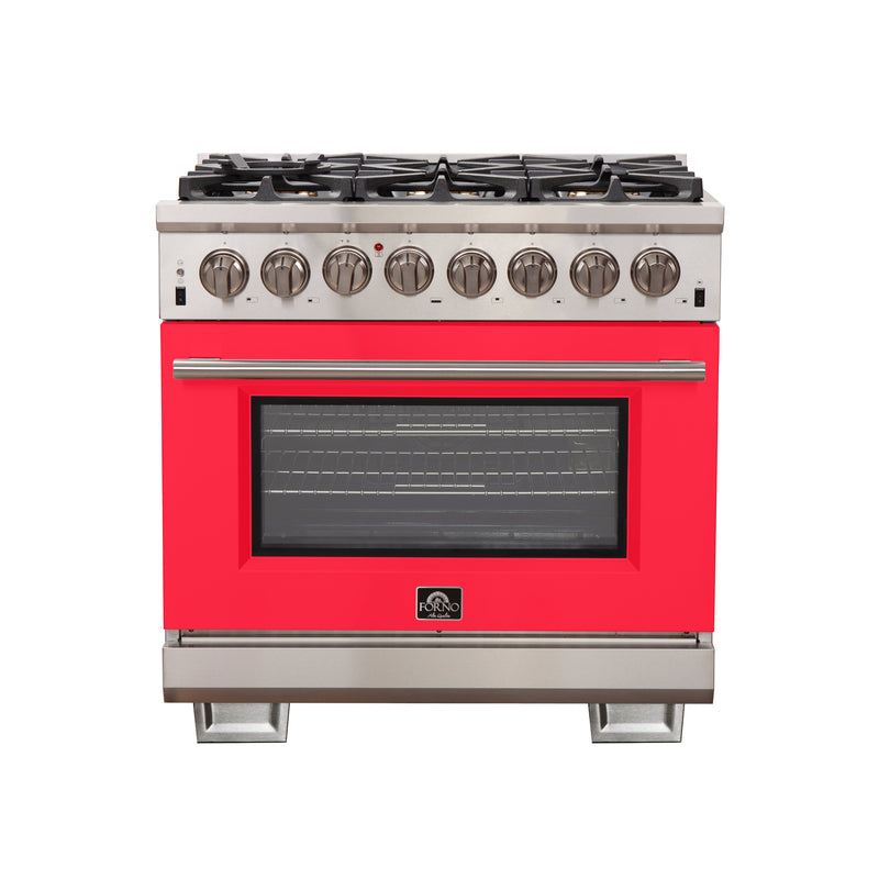 Forno Capriasca 36" Freestanding Dual Fuel Range in Stainless Steel with Red Door, 6 Brass Burners, True Convection, Cast-Iron Grates, FFSGS6187-36RED