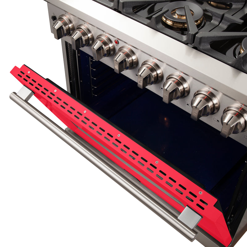 Forno Capriasca 36" Freestanding Dual Fuel Range in Stainless Steel with Red Door, 6 Brass Burners, True Convection, Cast-Iron Grates, FFSGS6187-36RED