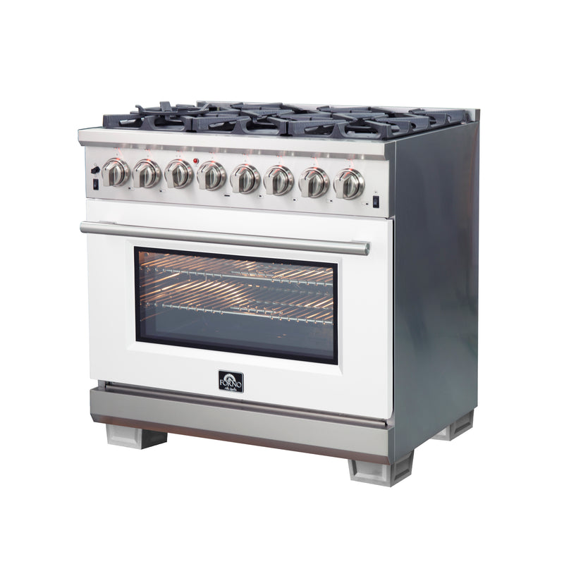 Forno Capriasca 36" Freestanding Dual Fuel Range in Stainless Steel with White Door, 6 Brass Burners, True Convection, Cast-Iron Grates, FFSGS6187-36WHT
