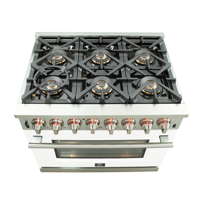 Forno Capriasca 36" Freestanding Dual Fuel Range in Stainless Steel with White Door, 6 Brass Burners, True Convection, Cast-Iron Grates, FFSGS6187-36WHT