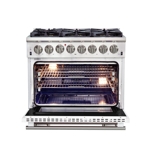 Forno Capriasca 36" Freestanding Dual Fuel Range in Stainless Steel with White Door, 6 Brass Burners, True Convection, Cast-Iron Grates, FFSGS6187-36WHT