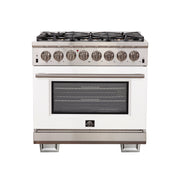 Forno Capriasca 36" Freestanding Dual Fuel Range in Stainless Steel with White Door, 6 Brass Burners, True Convection, Cast-Iron Grates, FFSGS6187-36WHT