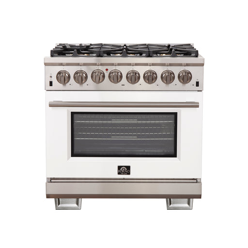 Forno Capriasca 36" Freestanding Dual Fuel Range in Stainless Steel with White Door, 6 Brass Burners, True Convection, Cast-Iron Grates, FFSGS6187-36WHT