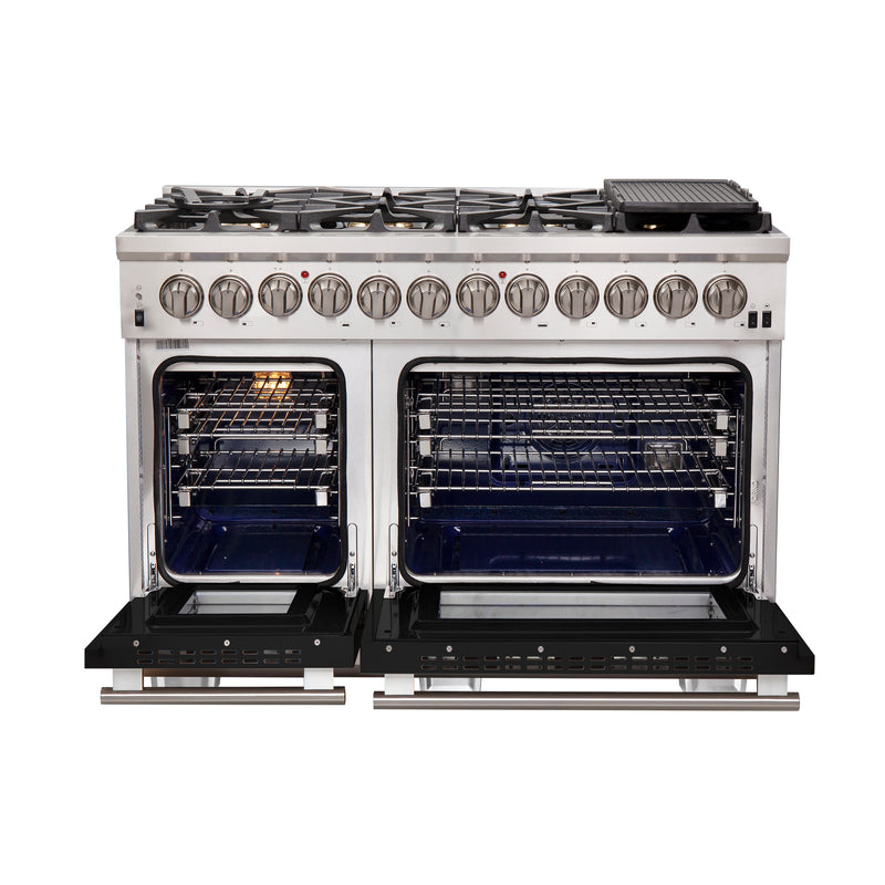 Forno Capriasca 48" Freestanding Dual Fuel Range in Stainless Steel with Black Door, 8 Brass Burners, Double Oven, Griddle, FFSGS6187-48BLK