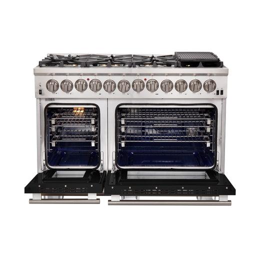 Forno Capriasca 48" Freestanding Dual Fuel Range in Stainless Steel with Black Door, 8 Brass Burners, Double Oven, Griddle, FFSGS6187-48BLK
