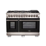 Forno Capriasca 48" Freestanding Dual Fuel Range in Stainless Steel with Black Door, 8 Brass Burners, Double Oven, Griddle, FFSGS6187-48BLK
