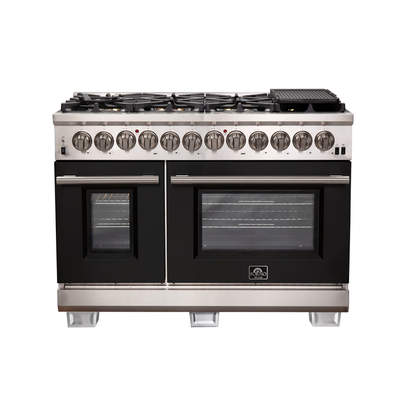 Forno Capriasca 48" Freestanding Dual Fuel Range in Stainless Steel with Black Door, 8 Brass Burners, Double Oven, Griddle, FFSGS6187-48BLK
