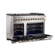 Forno Capriasca 48" Freestanding Dual Fuel Range in Stainless Steel with Black Door, 8 Brass Burners, Double Oven, Griddle, FFSGS6187-48BLK