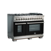 Forno Capriasca 48" Freestanding Dual Fuel Range in Stainless Steel with Black Door, 8 Brass Burners, Double Oven, Griddle, FFSGS6187-48BLK