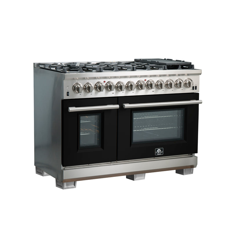 Forno Capriasca 48" Freestanding Dual Fuel Range in Stainless Steel with Black Door, 8 Brass Burners, Double Oven, Griddle, FFSGS6187-48BLK