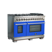 Forno Capriasca 48" Freestanding Dual Fuel Range in Stainless Steel with Blue Door, 8 Brass Burners, Double Oven, Griddle, FFSGS6187-48BLU