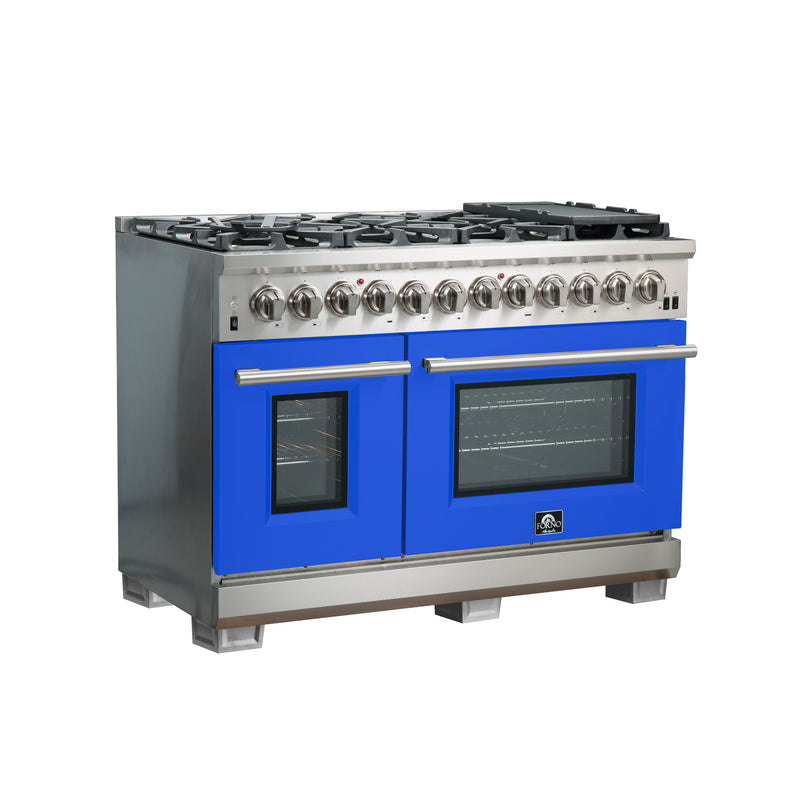 Forno Capriasca 48" Freestanding Dual Fuel Range in Stainless Steel with Blue Door, 8 Brass Burners, Double Oven, Griddle, FFSGS6187-48BLU