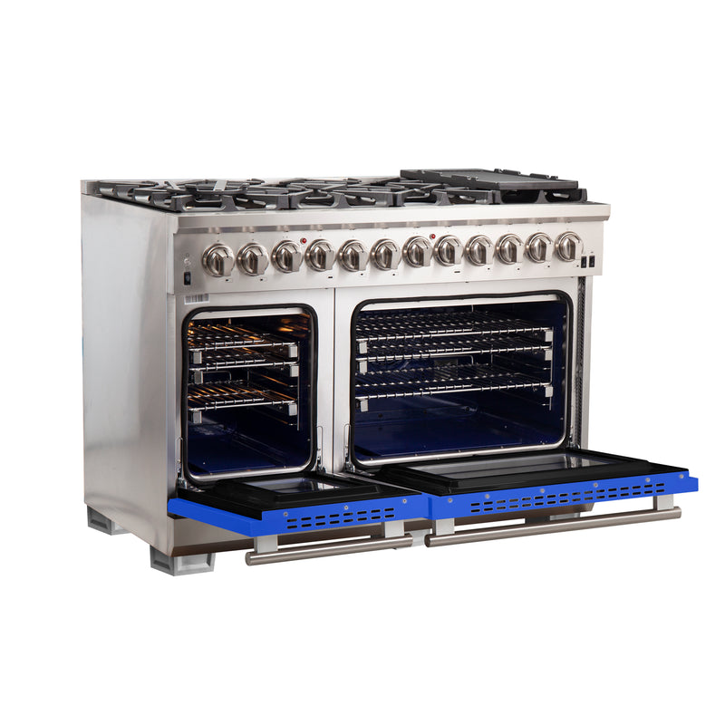 Forno Capriasca 48" Freestanding Dual Fuel Range in Stainless Steel with Blue Door, 8 Brass Burners, Double Oven, Griddle, FFSGS6187-48BLU