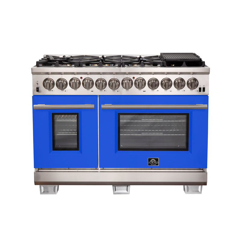Forno Capriasca 48" Freestanding Dual Fuel Range in Stainless Steel with Blue Door, 8 Brass Burners, Double Oven, Griddle, FFSGS6187-48BLU