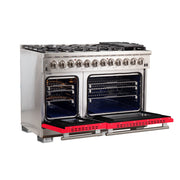 Forno Capriasca 48" Freestanding Dual Fuel Range in Stainless Steel with Red Door, 8 Brass Burners, Double Oven, Griddle, FFSGS6187-48RED