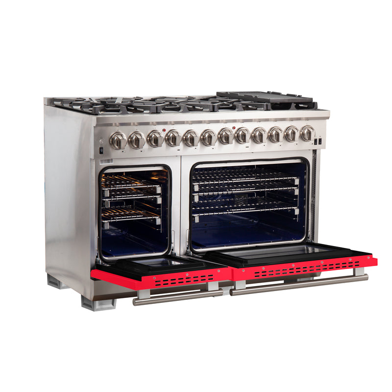 Forno Capriasca 48" Freestanding Dual Fuel Range in Stainless Steel with Red Door, 8 Brass Burners, Double Oven, Griddle, FFSGS6187-48RED