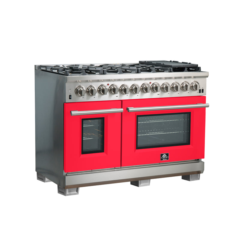 Forno Capriasca 48" Freestanding Dual Fuel Range in Stainless Steel with Red Door, 8 Brass Burners, Double Oven, Griddle, FFSGS6187-48RED
