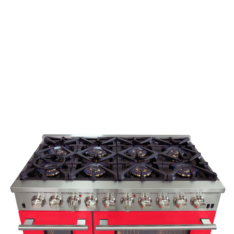 Forno Capriasca 48" Freestanding Dual Fuel Range in Stainless Steel with Red Door, 8 Brass Burners, Double Oven, Griddle, FFSGS6187-48RED