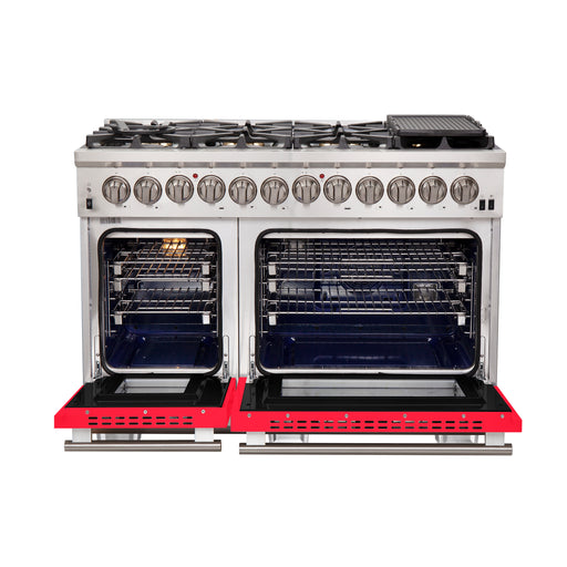 Forno Capriasca 48" Freestanding Dual Fuel Range in Stainless Steel with Red Door, 8 Brass Burners, Double Oven, Griddle, FFSGS6187-48RED