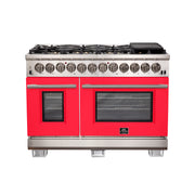 Forno Capriasca 48" Freestanding Dual Fuel Range in Stainless Steel with Red Door, 8 Brass Burners, Double Oven, Griddle, FFSGS6187-48RED