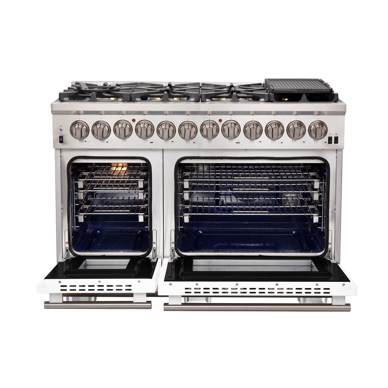 Forno Capriasca 48" Freestanding Dual Fuel Range in in Stainless Steel with White Door, 8 Brass Burners, Double Oven, True Convection, FFSGS6187-48WHT