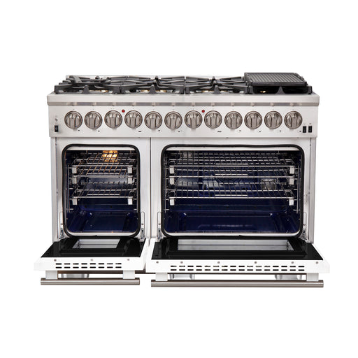 Forno Capriasca 48" Freestanding Dual Fuel Range in in Stainless Steel with White Door, 8 Brass Burners, Double Oven, True Convection, FFSGS6187-48WHT