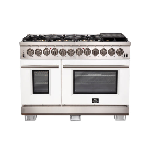 Forno Capriasca 48" Freestanding Dual Fuel Range in in Stainless Steel with White Door, 8 Brass Burners, Double Oven, True Convection, FFSGS6187-48WHT
