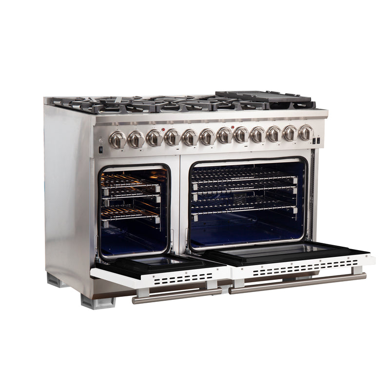 Forno Capriasca 48" Freestanding Dual Fuel Range in in Stainless Steel with White Door, 8 Brass Burners, Double Oven, True Convection, FFSGS6187-48WHT