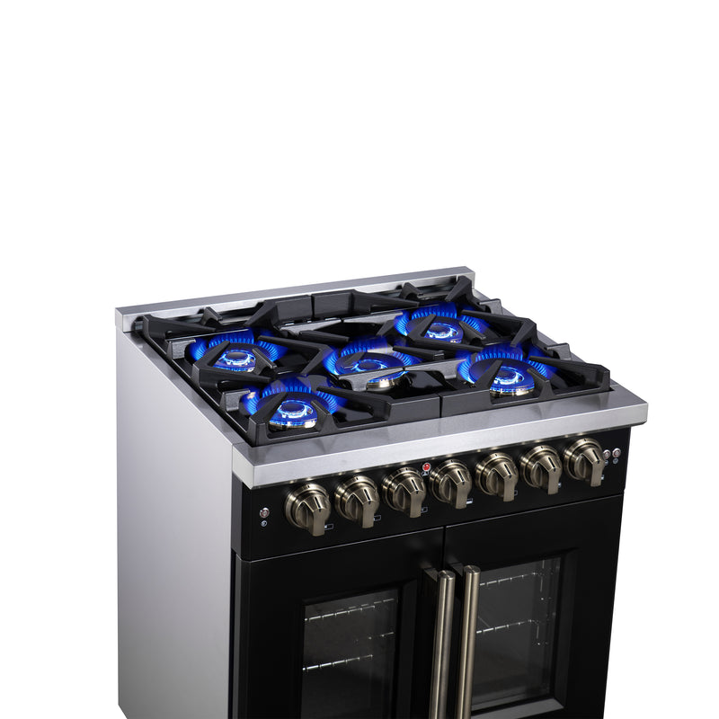 Forno Capriasca 30" Freestanding French Door Dual Fuel Range in Black with 5 Brass Burners, Air Fryer Kit, Rotisserie Kit, Wok Support & Griddle in Black with Antique Brass Accents, FFSGS6387-30BLK
