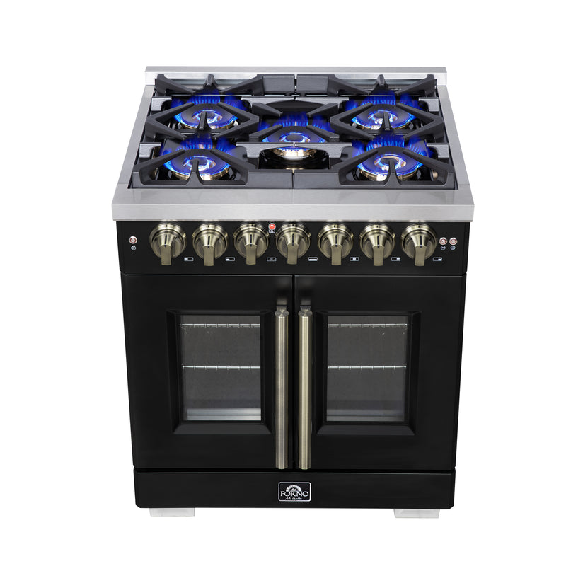 Forno Capriasca 30" Freestanding French Door Dual Fuel Range in Black with 5 Brass Burners, Air Fryer Kit, Rotisserie Kit, Wok Support & Griddle in Black with Antique Brass Accents, FFSGS6387-30BLK
