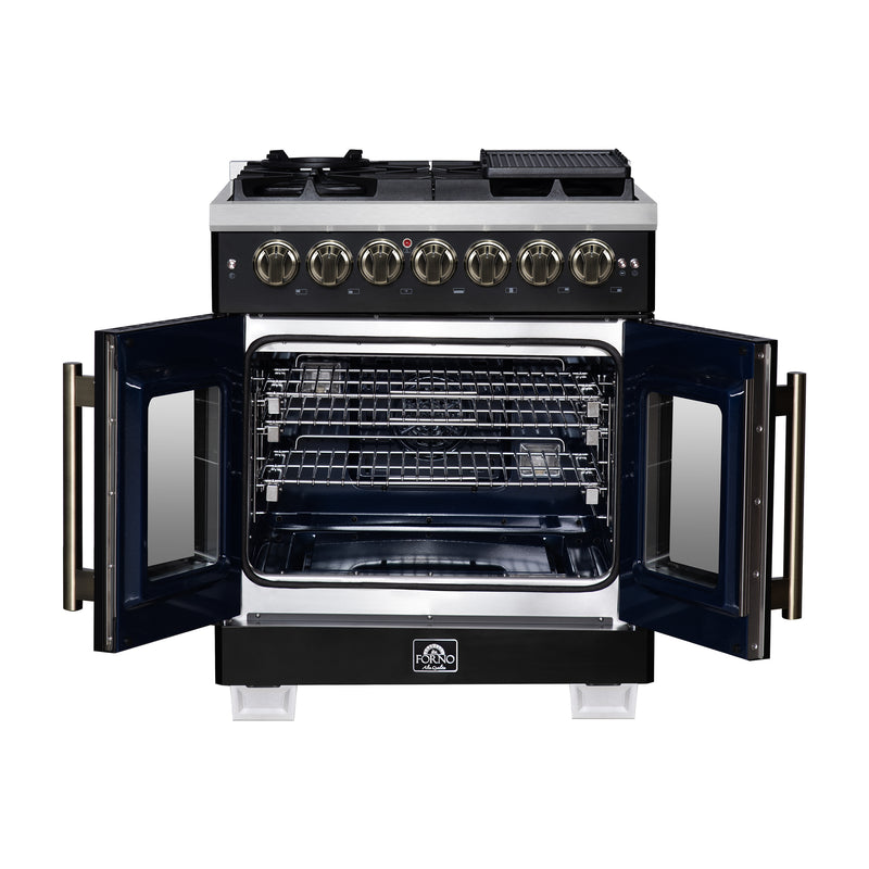 Forno Capriasca 30" Freestanding French Door Dual Fuel Range in Black with 5 Brass Burners, Air Fryer Kit, Rotisserie Kit, Wok Support & Griddle in Black with Antique Brass Accents, FFSGS6387-30BLK
