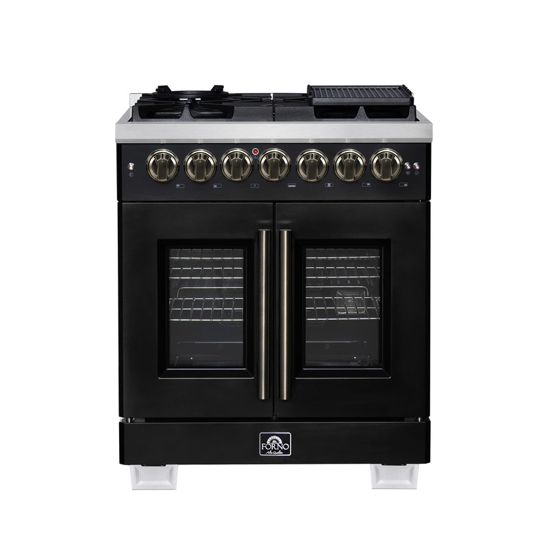 Forno Capriasca 30" Freestanding French Door Dual Fuel Range in Black with 5 Brass Burners, Air Fryer Kit, Rotisserie Kit, Wok Support & Griddle in Black with Antique Brass Accents, FFSGS6387-30BLK