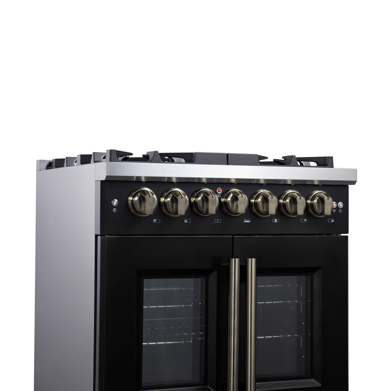 Forno Capriasca 30" Freestanding French Door Dual Fuel Range in Black with 5 Brass Burners, Air Fryer Kit, Rotisserie Kit, Wok Support & Griddle in Black with Antique Brass Accents, FFSGS6387-30BLK